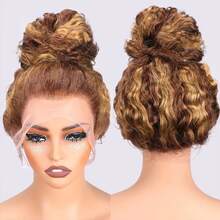 Highlight 360 Deep Wave Lace Front Wigs Human Hair Glueless Lace Front Wig Human Hair 250% Density Honey Blonde 360 Drawstring Wig Human Hair Pre Plucked Hidden Strap Deep Wave Lace Front Wigs Human Hair Glueless Curly Wet And Wavy 13x4 HD Colored Human Hair Wig For Women- Natural Brown To Blonde Ombre Highlights, 360 Breathable HD Cap, High Density Volume, For Women & Men, Everyday & Special Events, Event Hairpiece, Realistic Hairpiece, Fashion Enthusiasts, Summer Hairstyle, Deep Wave Texture, Premium Quality, Fashion Lovers #4/27 Ombre Highlight HD Transparnet 360 Full Lace Frontal Wig - S4/27 - View 5