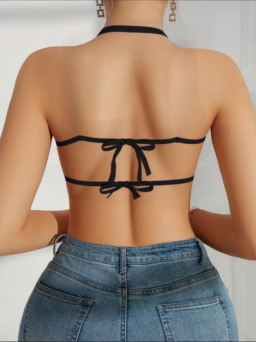 女士性感黑色网纱吊带背心，露背蕾丝系带透视上衣 - 黑色 - 查看 1