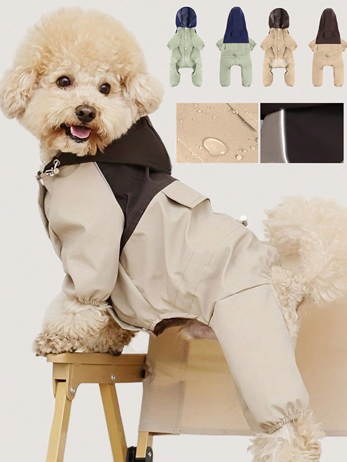 Áo mưa cho chó/mèo cỡ nhỏ và trung bình - Chống thấm nước, chống bụi, chống tia UV (nắng/mưa) | Áo khoác nhẹ phối màu tương phản cho thú cưng 4 chân | Vải TPU chống thấm nước, thoáng khí, có dải phản quang an toàn ban đêm, thiết kế nút tiện lợi, cổ tay và đáy quần co giãn, dây đeo cổ/lưng có thể điều chỉnh | Áo khoác gió cho thú cưng màu kaki/xanh nhạt/tím