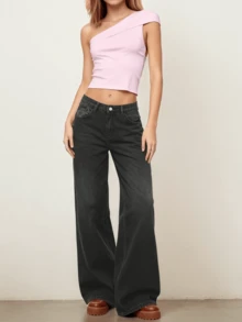 女士黑色牛仔裤，饰有豹纹和星星图案 - 中腰优质牛仔裤，时尚舒适 - 黑色 - 查看 2