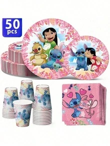 Disney 50pcs/Stitch Disposable Tableware Set Includes 10 Dinner Plates 10 Dessert Plates 10 Paper Cups And 20 Paper Towels, Suitable For Camping, Patio Barbecue, Party Supplies Set, Can Be Used By 10 People, Very Suitable For Halloween, Christmas - Multicolor - View 10