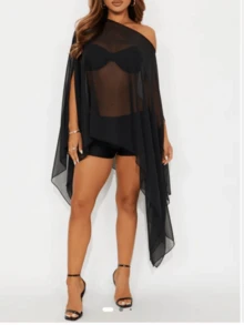 Women's Sheer Silk Cape Top - Off-Shoulder Loose Blouse, Satin Lightweight Chiffon Overlay For Office/Dinner Wear Multiple Colors - 黑色 - 查看 2