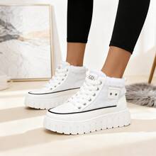 Autumn And Winter Fashion Casual Lamb Wool Lined High-Top Shoes, Faux Leather Patchwork Color-Block Metal Decor Lace-Up Platform Wedge Women's Shoes, Warm And Comfortable - 白色 - 查看 3