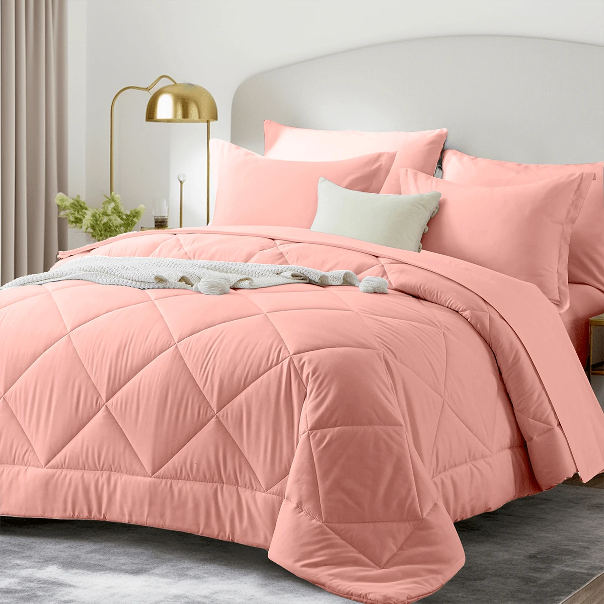 5/7 Piece Solid Color Bed Comforter Set Queen, Creative Geometric Pattern Design, Soft And Comfortable Summer Bedding Set.Bed In A Bag For All Seasons, Includes Comforter, Flat Sheet, Fitted Sheet, Pillowcases, Ideal Gift. - Hồng-F01 - Xem 1