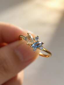 1枚S925纯银多色合成锆石女士戒指，优雅高贵，适合日常佩戴、派对和聚会。 - 金黃色 - 查看 6