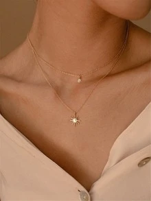 1pc Zirconia Octagram Pendant Double Layer Necklace, Women Daily, Party, Date, Holiday Gift - Multicolor - View 2