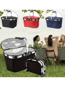 高品质可折叠购物篮，铝合金框架 - 防水隔热黑色牛津布手提袋，适合野餐、购物等，野餐必备 | 时尚手提袋设计 | 铝合金框架篮，野餐篮 - 彩色 - 查看 10