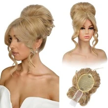 凌乱发髻假发片，带刘海 – 二合一抽绳马尾辫接发盘发假发和发片，带长侧刘海，自然逼真的发髻假发片，适合女性 - 彩色 - 查看 16