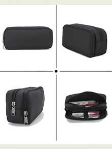 Large Capacity Double-Layer Pencil Case, Korean Style Creative Stationery Box, Multi-Functional Storage Box, Organizational Tool Pouch, Suitable For Students And Office Workers, Durable And Sturdy, Minimalist Multi-Purpose (Black) - Black - View 3