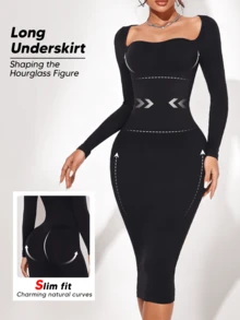 Women's Black Long Pencil Skirt, Slim Fit, Square Neck Long Sleeve, Casual Fitted Set