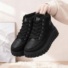 Autumn And Winter Fashion Casual Lamb Wool Lined High-Top Shoes, Faux Leather Patchwork Color-Block Metal Decor Lace-Up Platform Wedge Women's Shoes, Warm And Comfortable - 黑色 - 查看 4