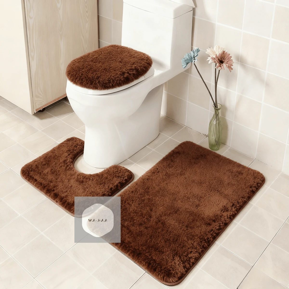 3-Piece Bathroom Rug Set Including Bath Mat, Contoured Rug And Toilet Lid Cover, Machine Washable, Super Soft Microfiber, Non-Slip With Anti-Slip Backing, Home Bathroom Decor, Floor Mat - 咖啡棕 - 查看 1