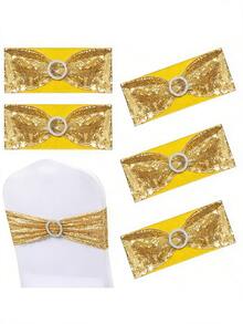 30x15cm Elastic Sequin Chair Sash With Bow Decor, Wedding Supplies - Gold, Suitable For Banquet, Party, Event, Hotel, Birthday, Wedding, Christmas, Ramadan, New Year Party Decoration - Gold - View 6
