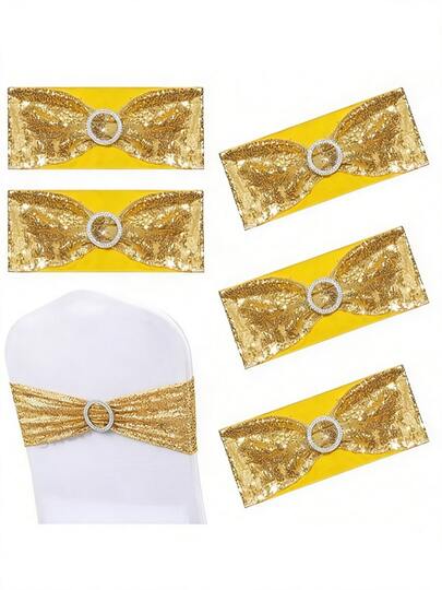 Faja elástica con lazo y lentejuelas de 30x15cm, suministros para bodas - Dorado, adecuado para banquetes, fiestas, eventos, hoteles, cumpleaños, bodas, Navidad, Ramadán, decoración de fiestas de Año Nuevo