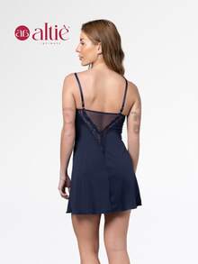 Sexy Lace Nightdress With Transparent Tulle And No Pads - Navy Blue - View 3