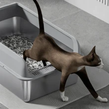 Caja de arena para gatos de acero inoxidable semi-cerrada con tapa, diseño de entrada superior, anti-salpicaduras, cerca alta, suministros para mascotas - Multicolor - Ver 4