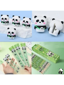 4 pezzi Set di cancelleria a tema panda carino (matita, righello, temperamatite, gomma), forniture per disegno e scrittura per studenti - Multicolore - Visualizzare 2