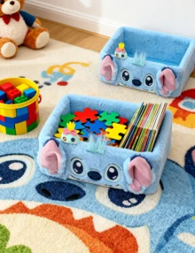 Stitch Plush Desktop Storage Box Cosmetics Jewelry Blue Organizer, Adorable Stitch Cartoon Print, Plush Material Smooth Interior, Portable Design Large-Capacity Versatile Use (Cosmetics/Jewelry/Small Items), Perfect for Daily Use, Office,, as, for, 商店, for Leresser, for Leress, Caram, Office,, 樓, for Set, 紅商店Students, Office Workers, Lovely Gift For Friend/Lover - 淺藍色 - 查看 9