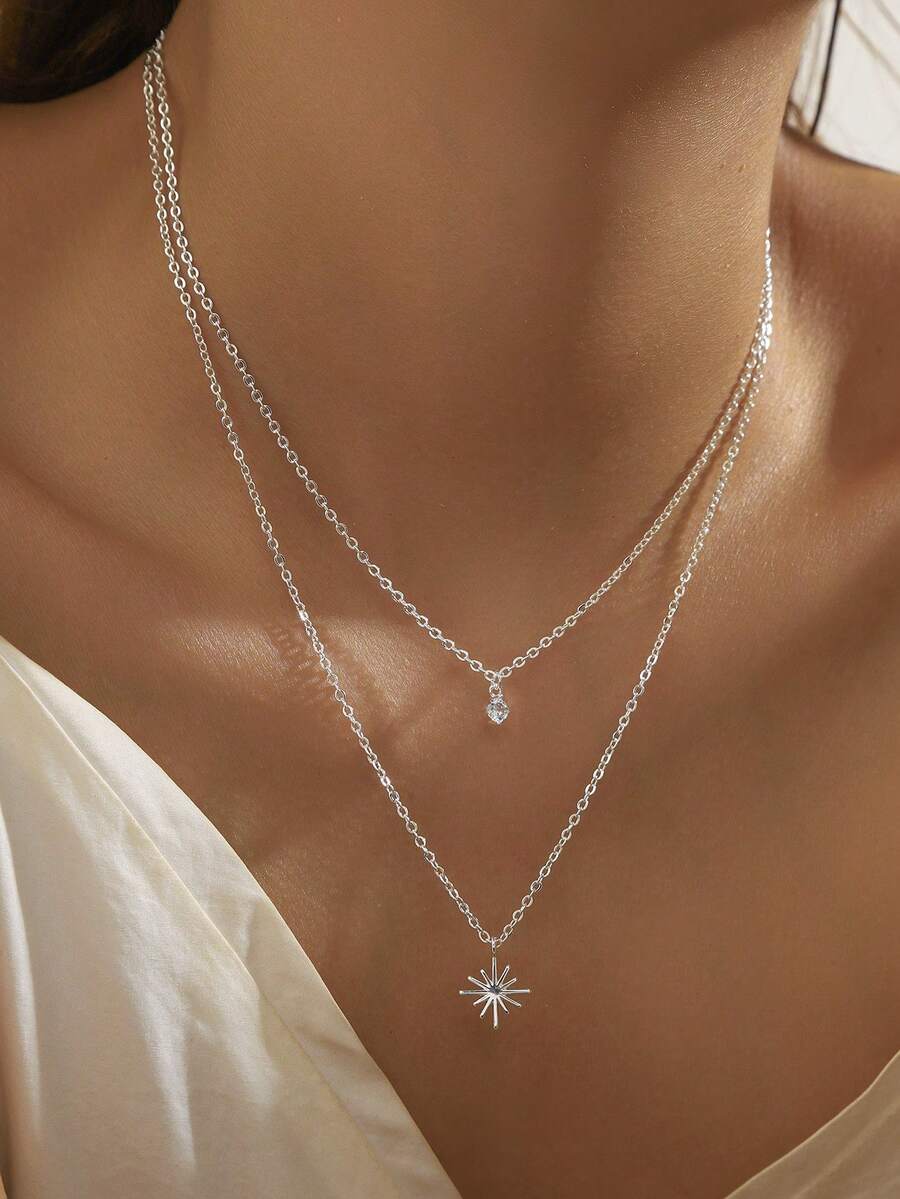 1pc Zirconia Octagram Pendant Double Layer Necklace, Women Daily, Party, Date, Holiday Gift - Multicolor - View 1