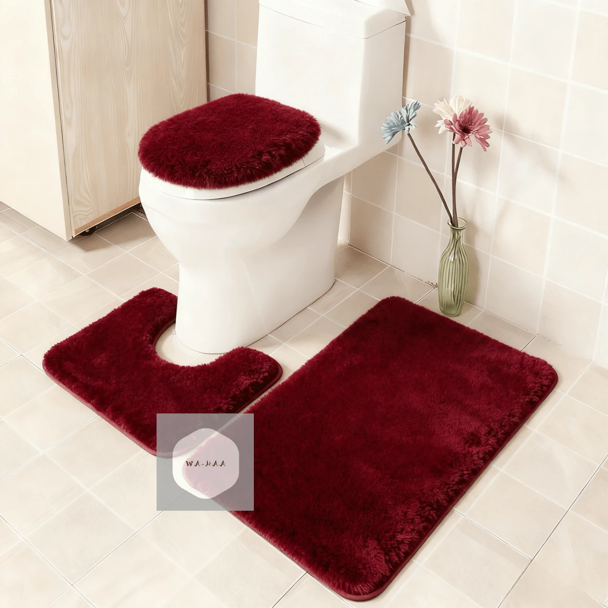 3-Piece Bathroom Rug Set Including Bath Mat, Contoured Rug And Toilet Lid Cover, Machine Washable, Super Soft Microfiber, Non-Slip With Anti-Slip Backing, Home Bathroom Decor, Floor Mat - 紅色 - 查看 1