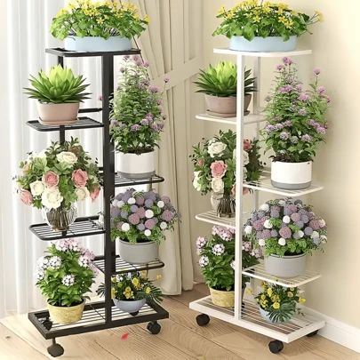 Lislark 6 Tiers Metal Plant Stand Indoor Outdoor Garden Flower Pot Shelf Display Rack With Wheels, Black And White Choice