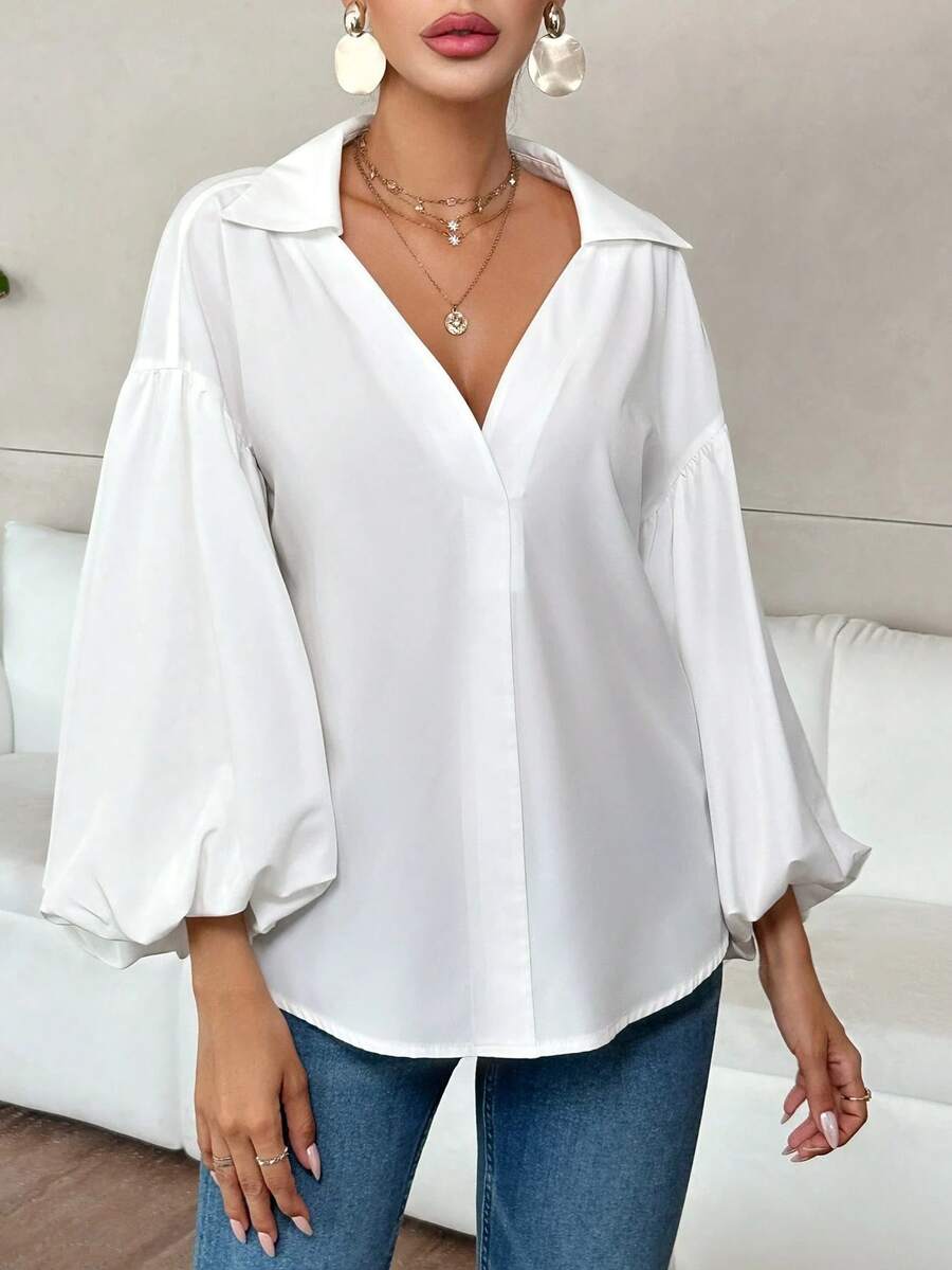 New Niche Fashionable French Solid Color Semi Open Neck Design Loose Bubble Long Sleeved Top - White - View 1