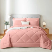 5/7 Piece Solid Color Bed Comforter Set Queen, Creative Geometric Pattern Design, Soft And Comfortable Summer Bedding Set.Bed In A Bag For All Seasons, Includes Comforter, Flat Sheet, Fitted Sheet, Pillowcases,  Ideal Gift. - Hồng-F01 - Xem 5