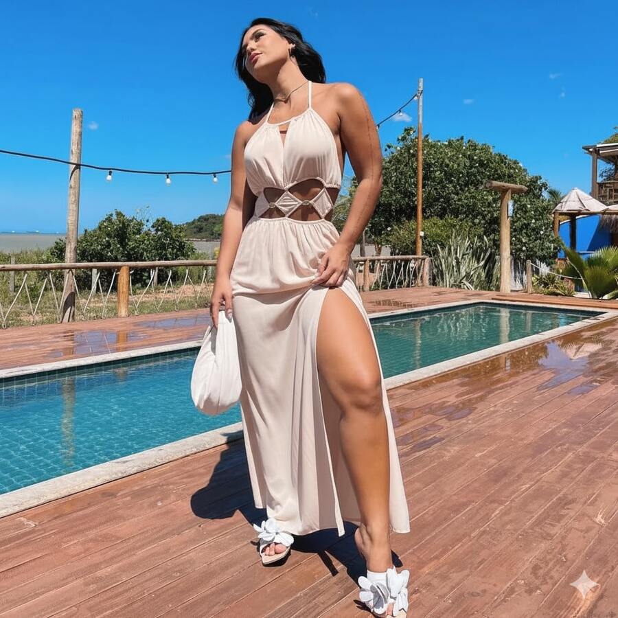 Women's Long Dress With Cutouts And Side Slit, Elegant And Premium Finish. Long Dress With Two Neckline Styles And Side Slit. Features Cutouts, A Slit, And A Tie At The Neckline. Elegant, Casual, Party, Split Fabric, Side Opening, Bare Back, Drawstring Tie. 2-In-1. Suitable For: Beach, Night, Garden, Photoshoot, Street, Birthday Party, Stage And Concert, Bachelorette Party, Travel, Vacation. - 裸體 - 查看 1