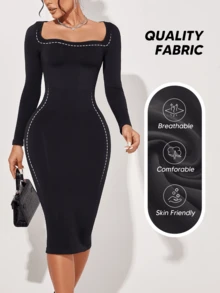 Women's Black Long Pencil Skirt, Slim Fit, Square Neck Long Sleeve, Casual Fitted Set