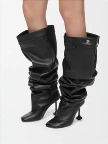 2025 Autumn Winter Fashion New Ladies Square Head Sculptural Heels Black Knee Boots Wide Calf Sexy Christmas Party Shoes - 黑色 - 查看 1