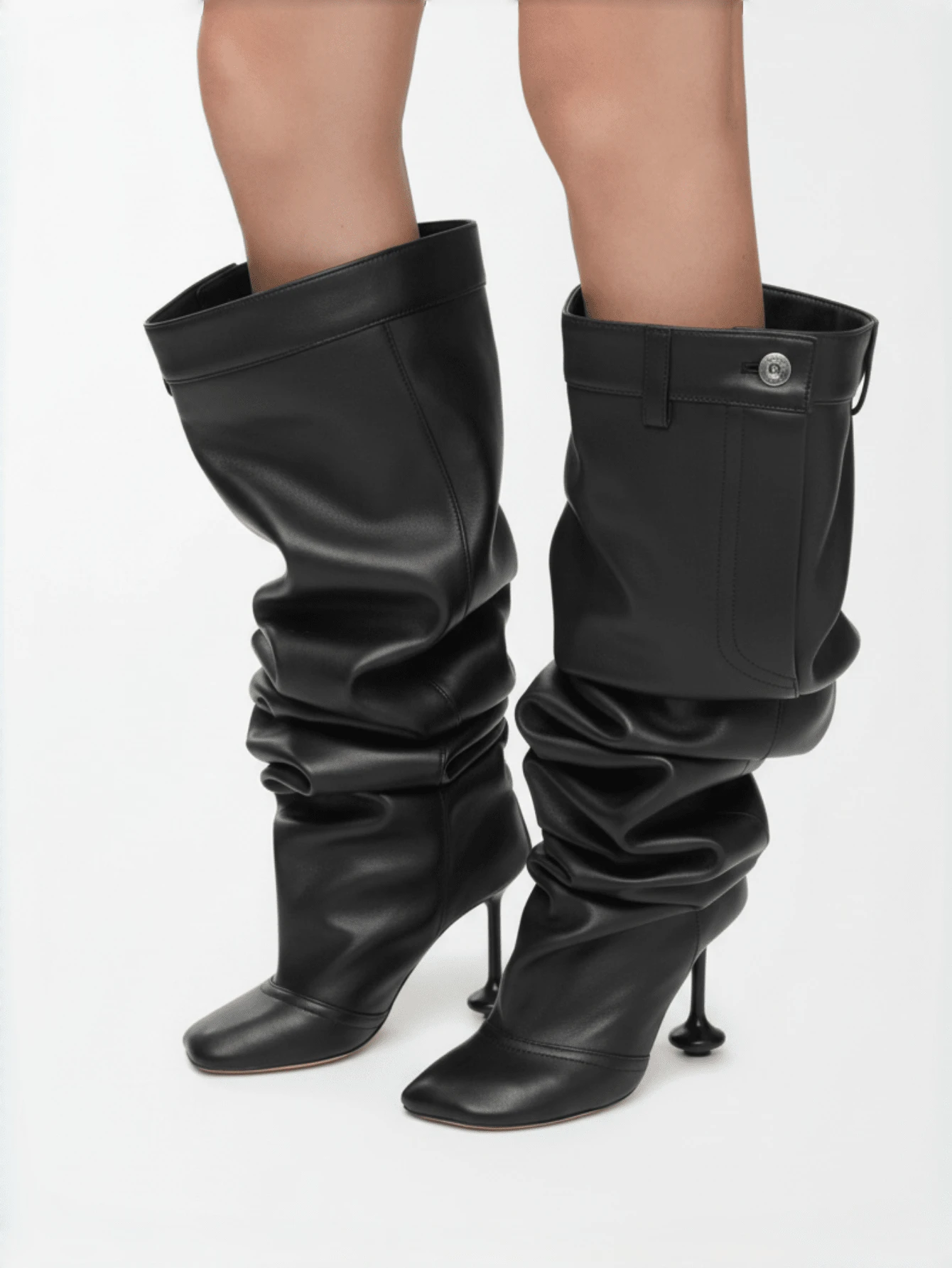 2025 Autumn Winter Fashion New Ladies Square Head Sculptural Heels Black Knee Boots Wide Calf Sexy Christmas Party Shoes - 黑色 - 查看 1