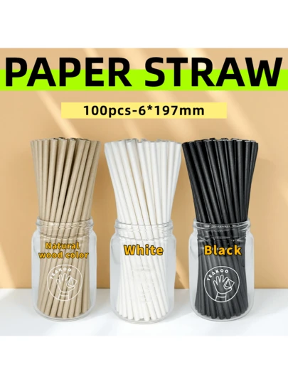 1/100/200pcs Fashionable Disposable Paper Straws, Available In Black/White/Natural Wood Color, Paper Material, Odorless, Suitable For Coffee, Juice, Bubble Tea, Birthday Party, Wedding Decor, Family Gathering, Outdoor Picnic, Cafe Use, Medium Diameter, Portable & Decorative, Perfect For New Year, Valentine's Day, Graduation, Mother's Day Parties