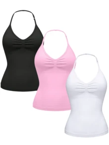 3 PCS Women's Basic Halter Neck Solid Impact Longline Strappy Top Yoga Sports Bra Removable Padding - Black/White/Pink - View 1