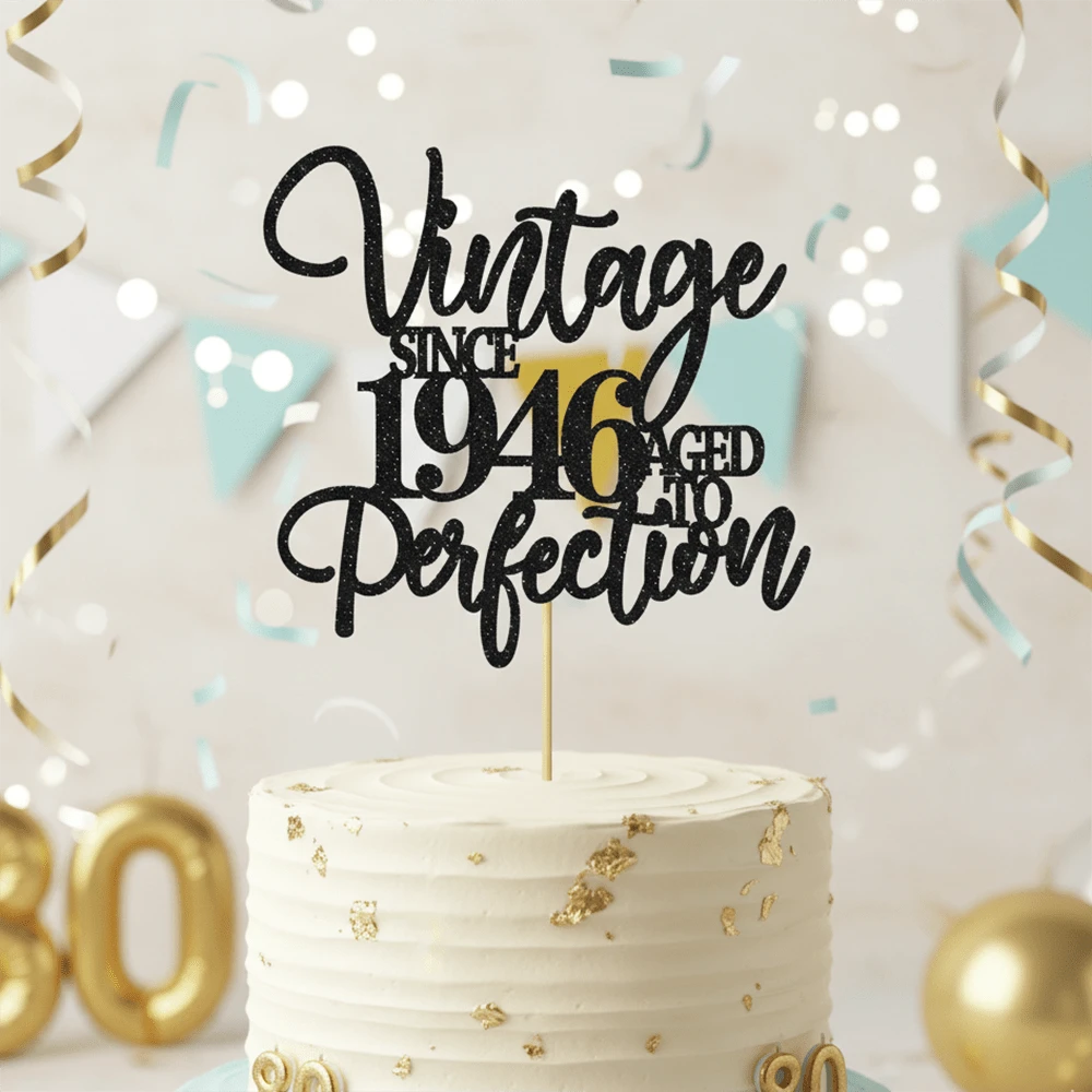 1Pc Black Glitter 80th Birthday Cake Topper Vintage Since 1946 Aged To Perfection Party Decoration Retro 1946 Theme Birthday Party Supplies - Multicolor - View 1