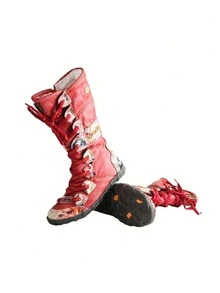 1双 TMA EYES 秋冬时尚印花拼接圆头平底保暖中筒靴，舒适大码，侧拉链方便穿脱，适合运动、通勤、旅行、约会等场合，保暖舒适，女士圣诞礼物 - 紅色 - 查看 5