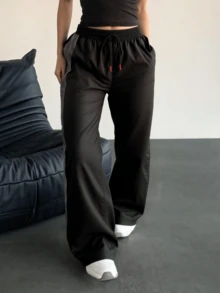 Women'S Sports Pants, Casual Straight Leg Pants, Drawstring Elastic Waist Trousers, Suitable For Autumn And Winter Sports & Leisure Tights - Black - View 8
