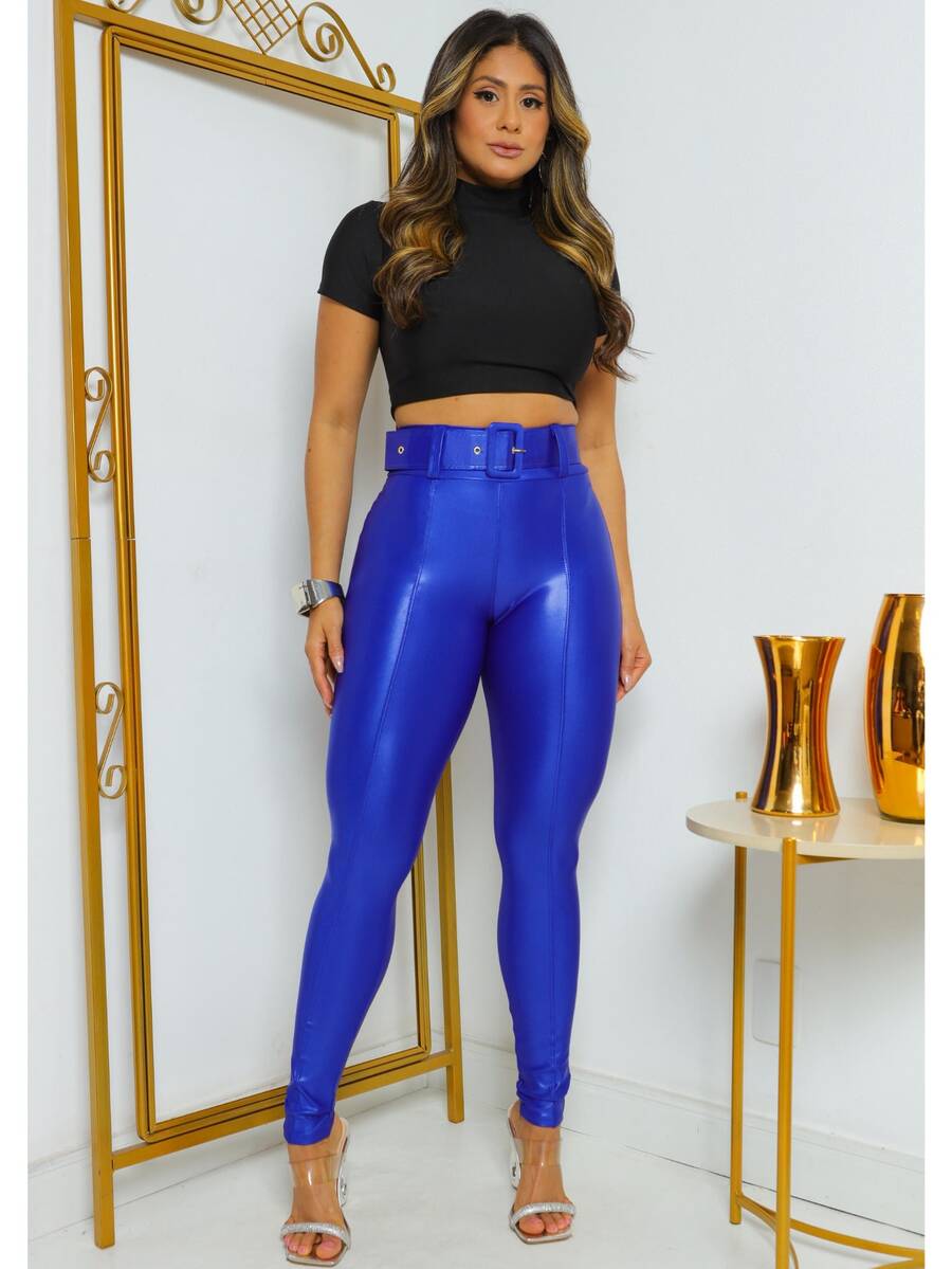 Women's Skinny High-Waisted Pants With Butt-Lifting Effect And Belt - Premium Cirrê Fabric - 藍色 - 查看 1