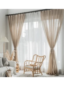 1件法式复古薄纱窗帘，新款日式奢华轻盈透明窗帘，适用于客厅、卧室、家居装饰，四季皆宜 - 米色 - 查看 6