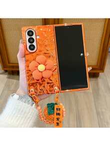 1pc Women's Foldable Phone Case With Flower Stand & Lanyard, Orange Shell, Fashionable & Popular New Model, Lightweight Protective Cover Compatible With Samsung Galaxy Z Fold 7, Galaxy Z Fold 6, Galaxy Z Fold 5 & Galaxy Z Flip7, Galaxy Z Flip6, Galaxy Z Flip5 - trái cam - Xem 2