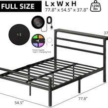 Twin/ Full/ Queen Size Bed Frame With LED Lights, Metal Bed Frame With Charging Station, Headboard Storage Shelf, Heavy Duty Metal Slats, No Box Spring Needed, Noise Free, Easy Assembly, Black ( USB LED Strip) - Black - View 9