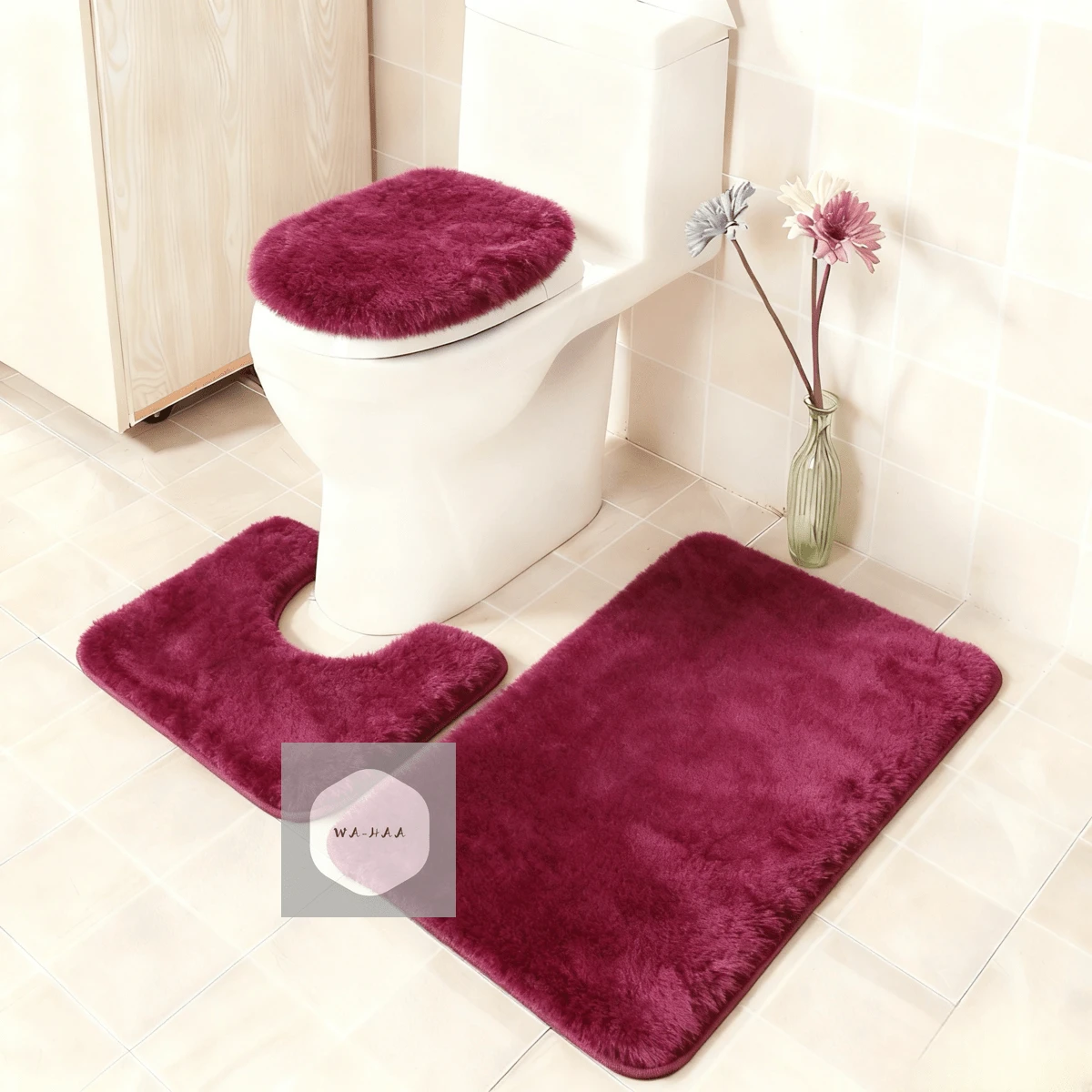 3-Piece Bathroom Rug Set Including Bath Mat, Contoured Rug And Toilet Lid Cover, Machine Washable, Super Soft Microfiber, Non-Slip With Anti-Slip Backing, Home Bathroom Decor, Floor Mat - 中紫紅色 - 查看 1