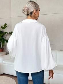 New Niche Fashionable French Solid Color Semi Open Neck Design Loose Bubble Long Sleeved Top - White - View 5