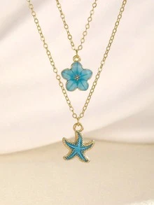 2 件套精致时尚甜美五瓣海星吊坠锁骨项链女士夏季海滩度假派对假日旅行珠宝配饰日常佩戴 - 彩色 - 查看 12