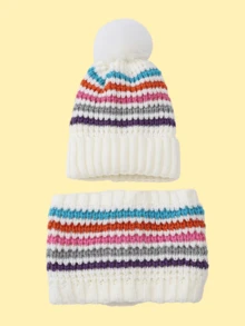 儿童冬季针织帽套装，简约条纹保暖针织帽套装，适合冬季旅行 - 條紋套裝 - 查看 5