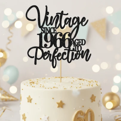 1Pc Black Glitter "Vintage Since 1966 Aged To Perfection" Cake Topper, 60th Birthday Milestone Party Decoration, Retro & Unique Custom Year Supplies