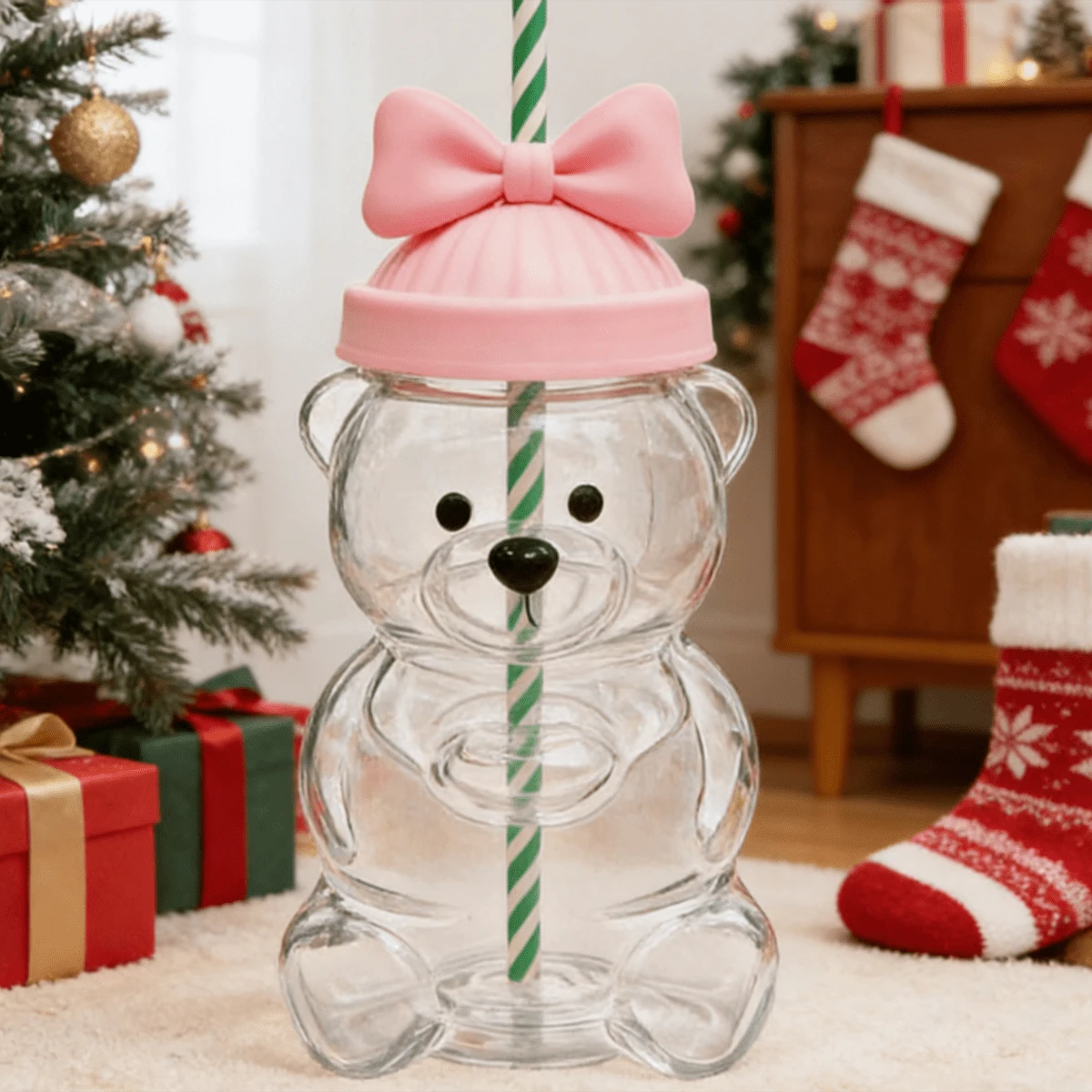 (1 Piece) Christmas Bear Straw Cup, Adorable Straw Cup, Honey Bear Straw Cup, 20oz Cute Coffee Mug - Perfect For Christmas, Valentine's Day, And Other Holidays, Also Doubles As A Stylish Home Decor Cup - Hồng - Xem 1