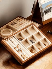 1pc Black Walnut Jewelry Storage Box, Soft Fabric Lining, Multi-Compartment Desktop Organizer Tray, Suitable For Earrings, Rings, Necklaces, Elegant Rectangular Design, For Home Or Office Use, Includes Drawers, Jewelry Box, Jewelry Trays