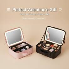 1个黑色/粉色旅行化妆包，带镜子，大容量化妆品收纳盒，便携式化妆包带LED灯镜，化妆品整理包，化妆包，旅行整理包，适合居家、送礼、度假、节日（万圣节、圣诞节），波西米亚风格 - 彩色 - 查看 8