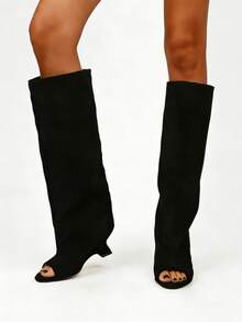 Knee High Boot Open Toe Kitten Heel Stiletto Heeled Boots For Woman Suede Wide Calf Long Boots Heeled Slouchy Formal Shoes Winter Tall Boots For Women - Nhung đen A - Xem 2