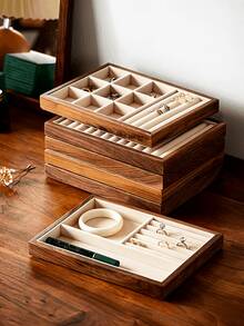 1pc Black Walnut Jewelry Storage Box, Soft Fabric Lining, Multi-Compartment Desktop Organizer Tray, Suitable For Earrings, Rings, Necklaces, Elegant Rectangular Design, For Home Or Office Use, Includes Drawers, Jewelry Box, Jewelry Trays